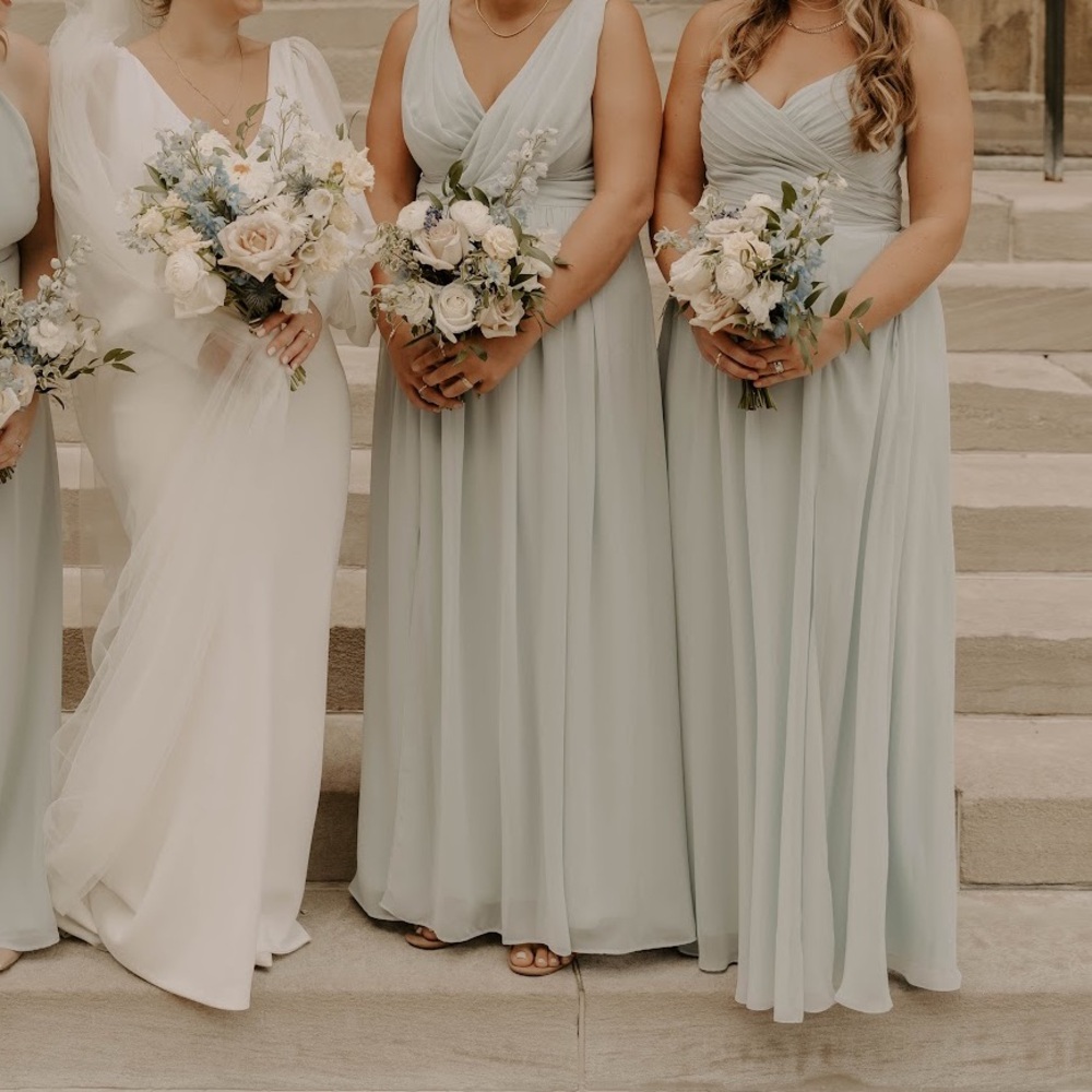 Dessy Group “mist” bridesmaids dress